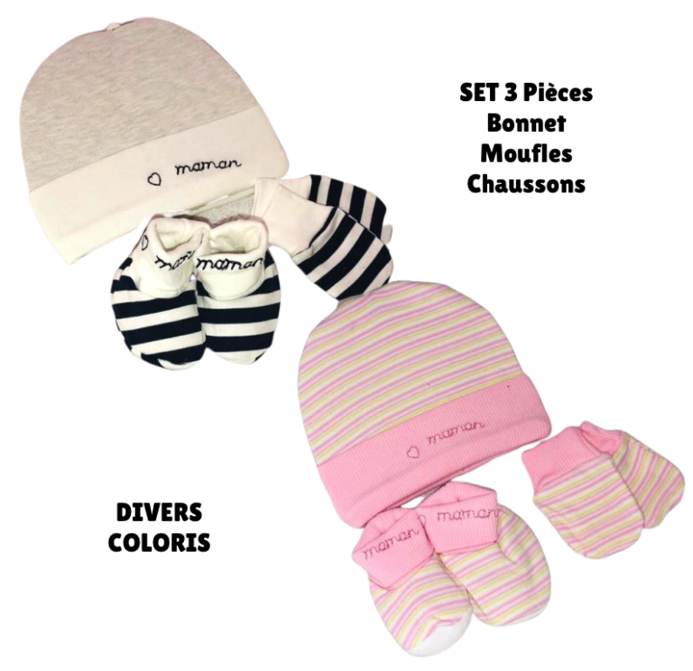 Set 3 pièces Bonnet Moufles Chaussons – MAMAN – FDMP