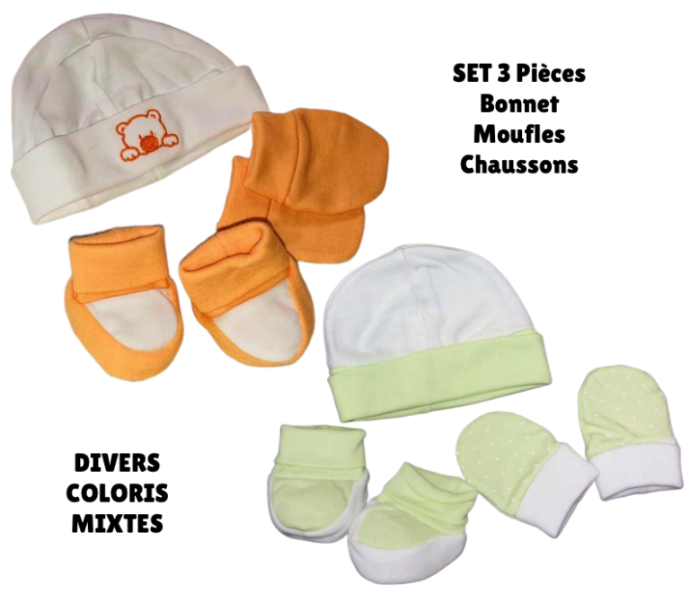 Set 3 pièces Bonnet Moufles et Chaussons - Coloris Mixte - MIGNON