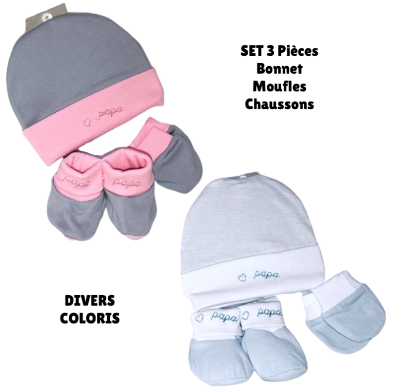 Set 3 pièces Bonnet Moufles Chaussons – PAPA – FDMP