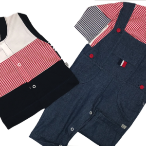 Ensemble 3 pièces Salopette, T-shirt et Veste - Jean et Rouge