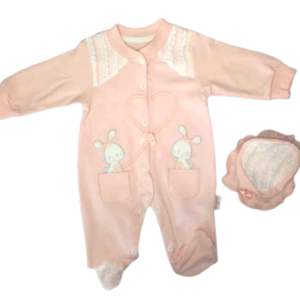 Grenouillère bébé coton avec Bonnet - Saumon Dentelle