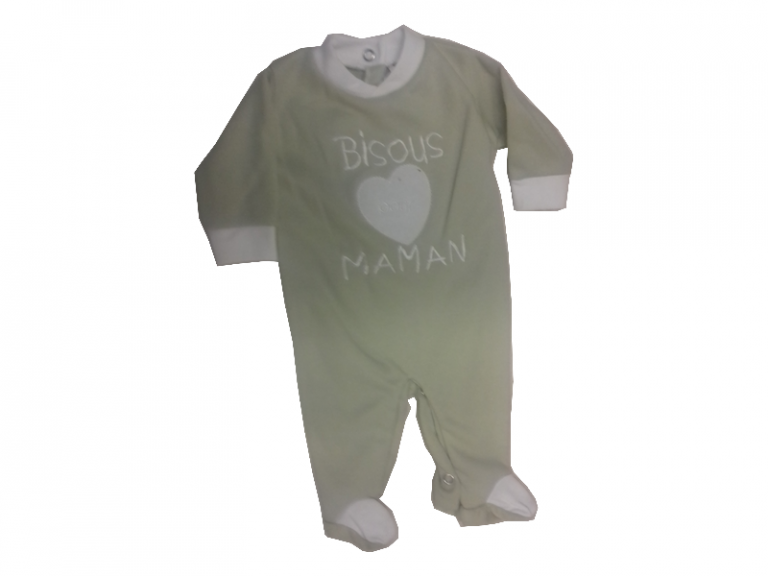 Grenouillère bébé en coton Verte "BISOUS POUR MAMAN"