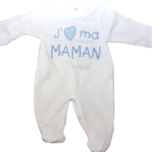 Grenouillère bébé coton Blanc Brodée bleu "J'aime Maman"