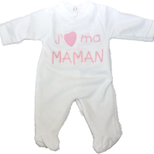 Grenouillère bébé coton Blanc Brodée rose "J'aime Maman"