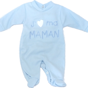 Grenouillère bébé coton Bleue Brodée "J'aime Maman"